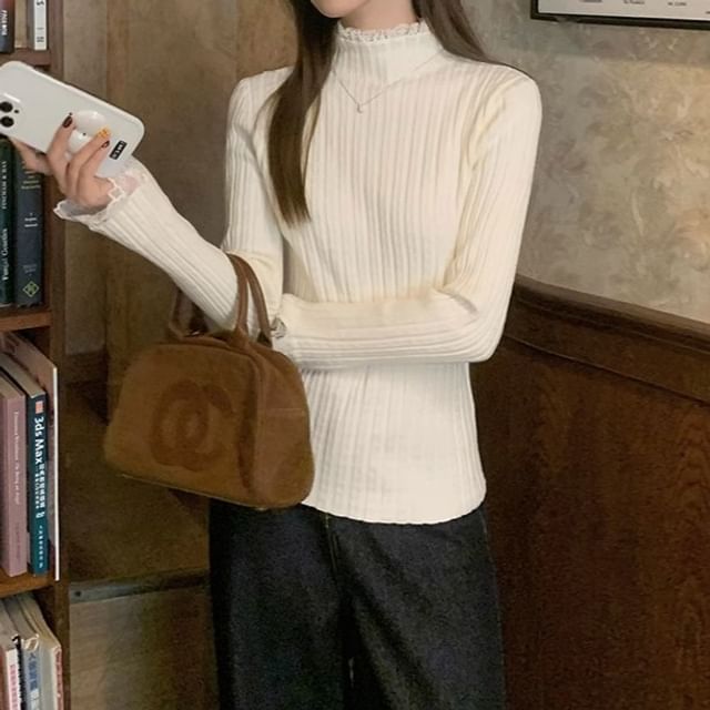 Yako-Long-Sleeve Mock Neck Plain Lace Panel Knit Top