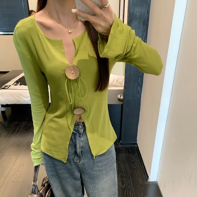 Yako-Long-Sleeve Notch Neck Plain Button Accent Slit Knit Top Halter V-Neck Lace Top