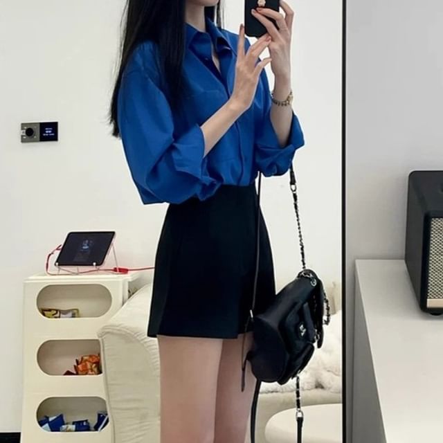 Yako-Long-Sleeve Plain Button-Up Shirt