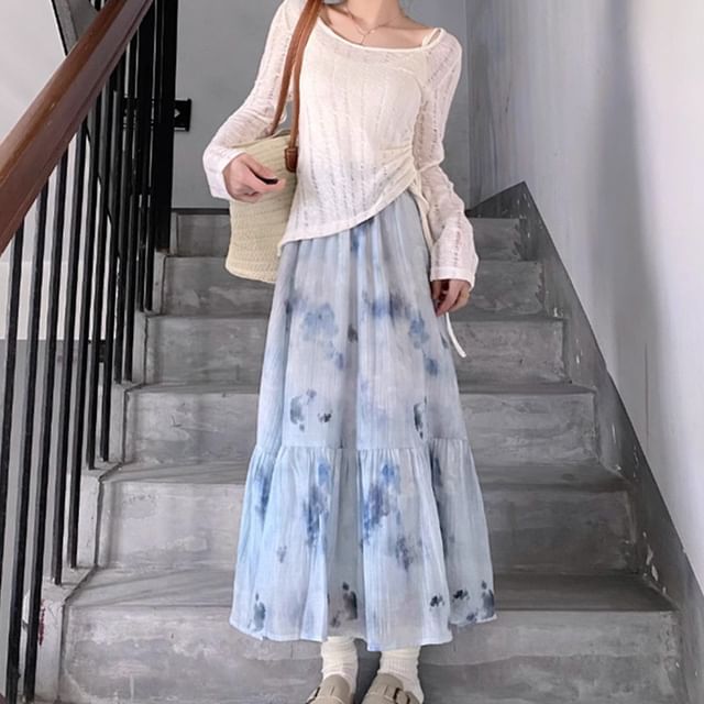 Yako-Long-Sleeve Scoop Neck Plain Drawstring Perforated Sheer Knit Top High Waist Tie Dye Midi A-Line Skirt Set