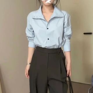 Yako-Long-Sleeve Stand Collar Button-Up Plain Blouse