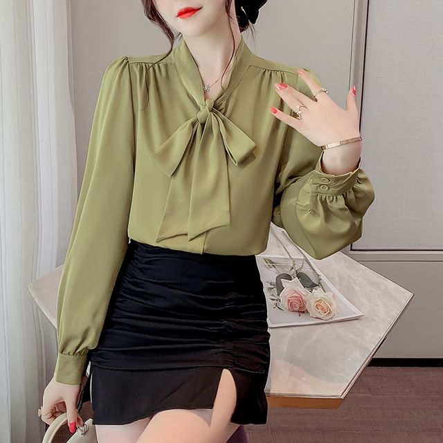 Yako-Long-Sleeve Tie-Neck Plain Blouse