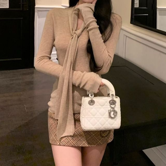 Yako-Long Sleeve Tie Neck Plain Knit Top