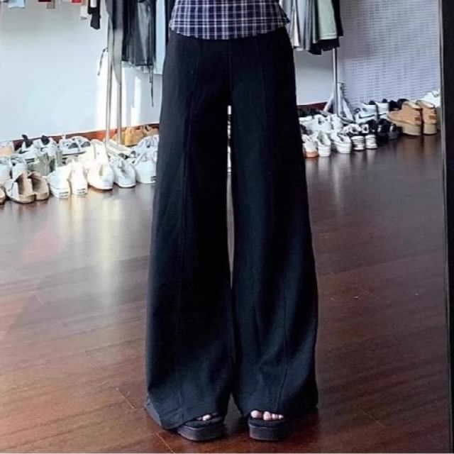 Yako-Mid Rise Plaid Panel Wide Leg Pants
