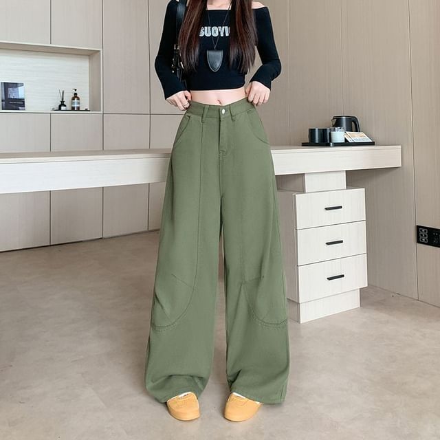 Yako-Mid Waist Plain Paneled Baggy Pants