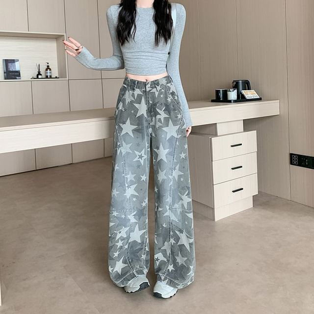 Yako-Mid Waist Star Pattern Baggy Jeans