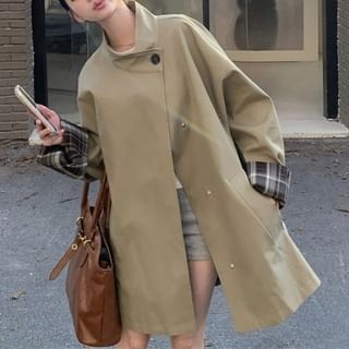 Yako-Mock Neck Button-Up Plain Trench Coat