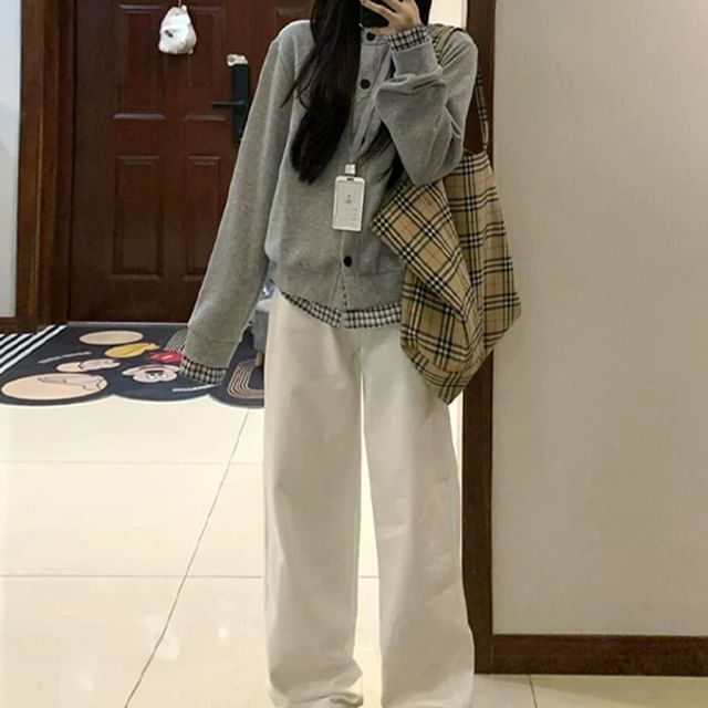 Yako-Mock Two-Piece Crew Neck Plaid Panel Button-Up Jacket