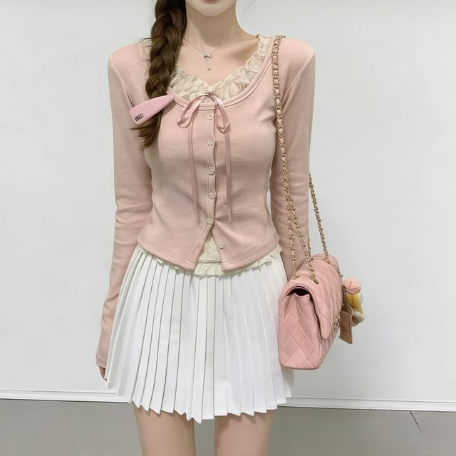 Yako-Mock Two-Piece Long-Sleeve Lace Trim Button-Up Top