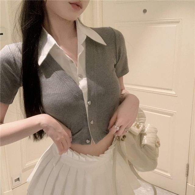 Yako-Mock Two-Piece Short-Sleeve Collared Two Tone Button-Up Crop Top