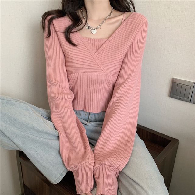 Yako-Mock Two-Piece Square Neck Plain Crop Sweater