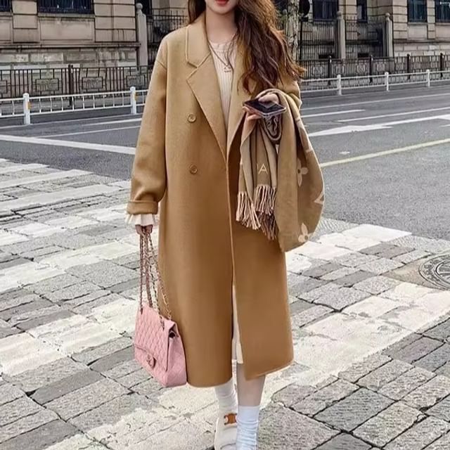 Yako-Notch Lapel Plain Midi Double-Breasted Coat
