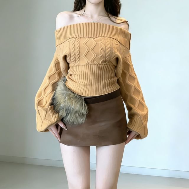 Yako-Off Shoulder Cable Knit Plain Crop Sweater