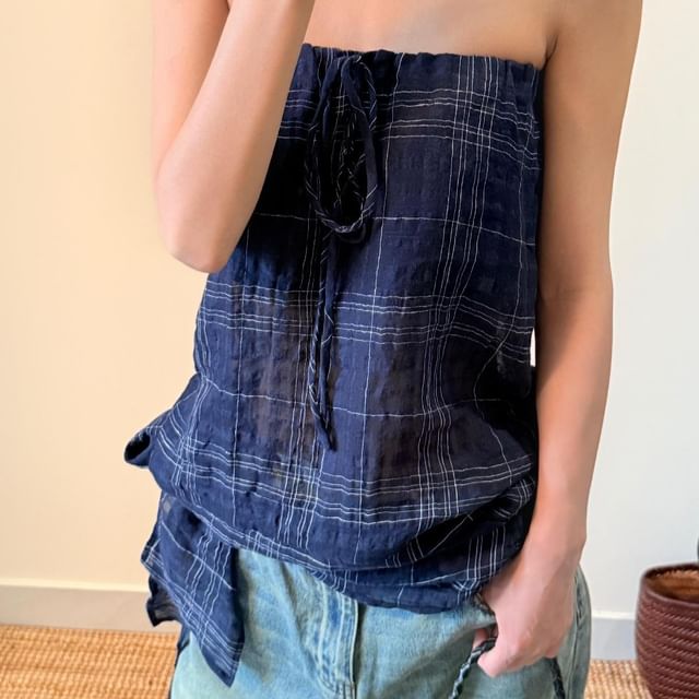 Yako-Plaid Drawstring Tube Top