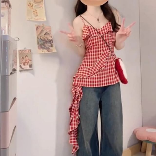 Yako-Plaid Ruffle Camisole Top