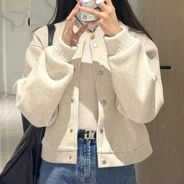 Yako-Plain Button-Up Crop Baseball Jacket