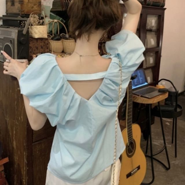 Yako-Puff-Sleeve V-Neck Plain Ruched Cutout Back Blouse