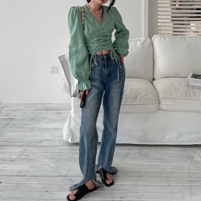 Yako-Puff-Sleeve V-Neck Striped Drawstring Crop Blouse