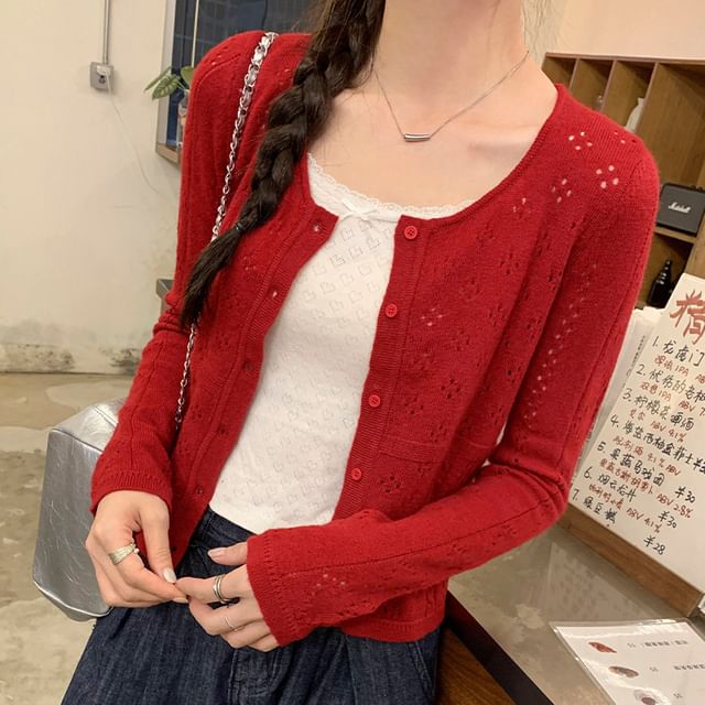 Yako-Round Neck Plain Pointelle Button Up Cardigan