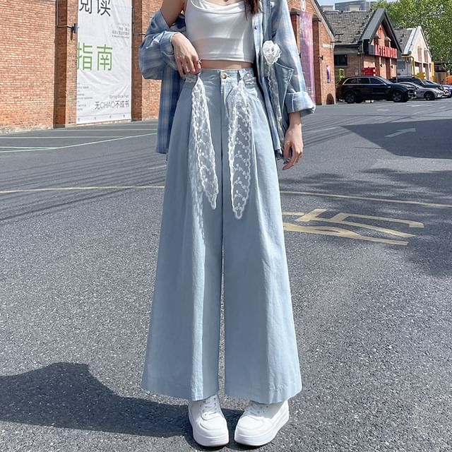 Yako-Set High Rise Plain Wide Leg Pants Sash
