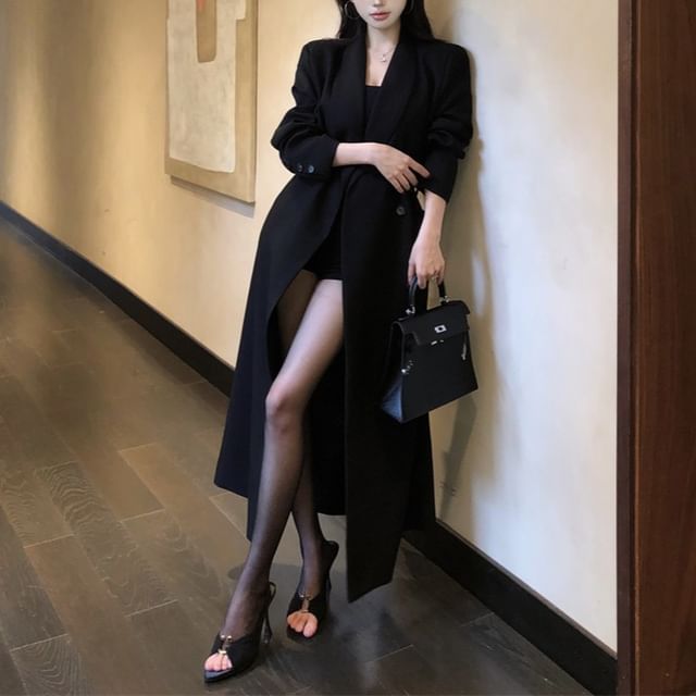 Yako-Shawl Collar Plain Belted Long Trench Coat