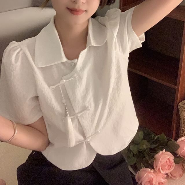Yako-Short Sleeve Collared Plain Blouse