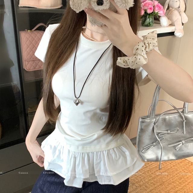 Yako-Short-Sleeve Crewneck Ruffle Plain Tee