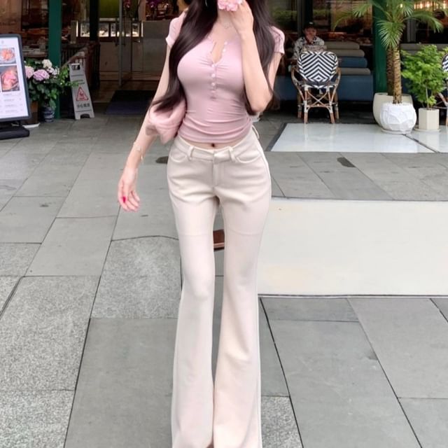 Yako-Short-Sleeve Half Buttoned Plain Crop Top Mid Rise Flared Pants