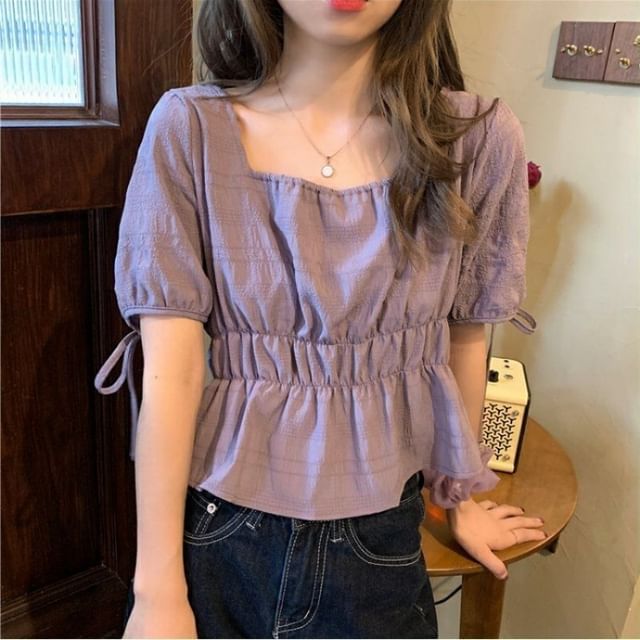 Yako-Short Sleeve Square Neck Plain Ruched Blouse