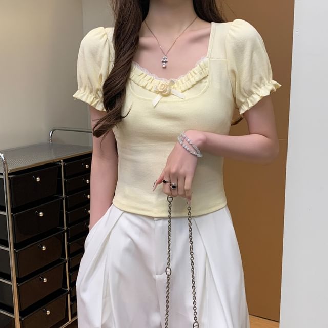 Yako-Short-Sleeve Square Neck Plain Ruffle Trim Tee