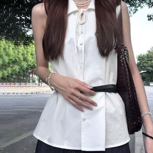 Yako-Sleeveless Collared Tie Front Button-Up Plain Blouse