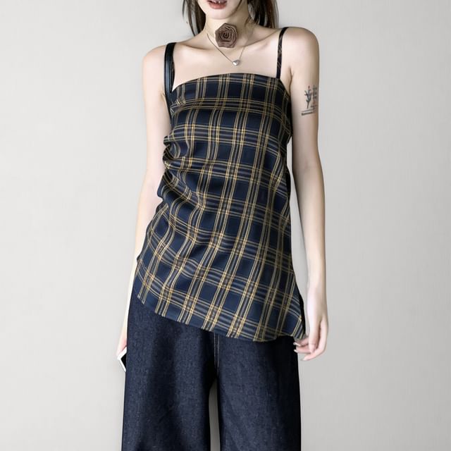 Yako-Spaghetti Strap Plaid Ruched Camisole Top