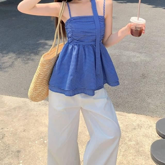 Yako-Spaghetti Strap Plaid Ruched Flowy Cami Top
