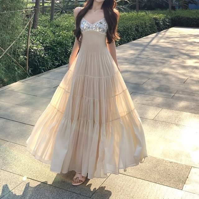Yako-Spaghetti Strap V-Neck Sequin Panel Ruched Maxi A-Line Dress