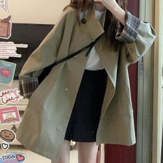 Yako-Stand Collar Plaid Panel Button-Up Trench Coat