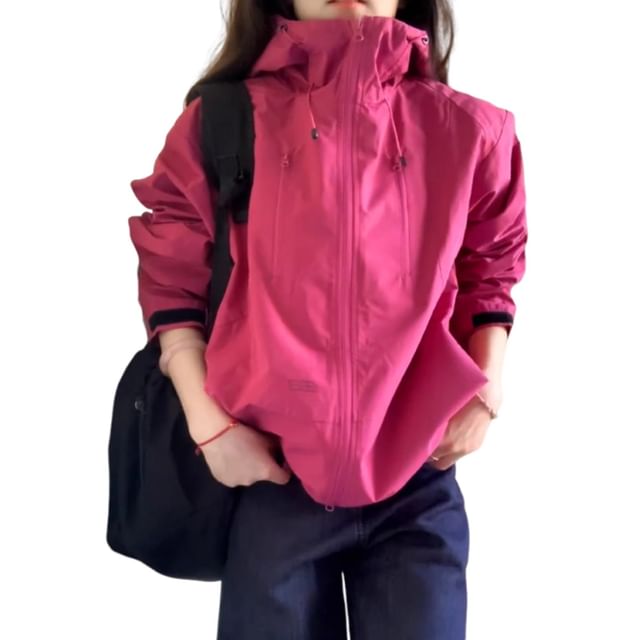Yako-Stand Collar Plain Drawstring Hooded Zip Jacket