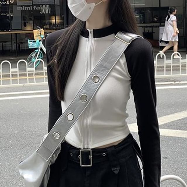 Yako-Stand Collar Zip-Up Raglan Crop Jacket