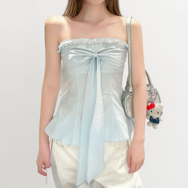 Yako-Strapless Plain Ruffle Trim Tie Front Tube Top