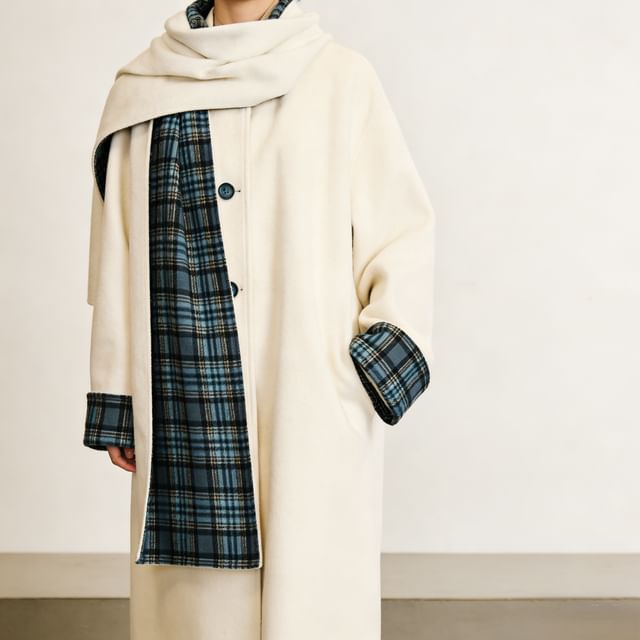 Yako-Tartan Check Panel Button-Up Long Coat