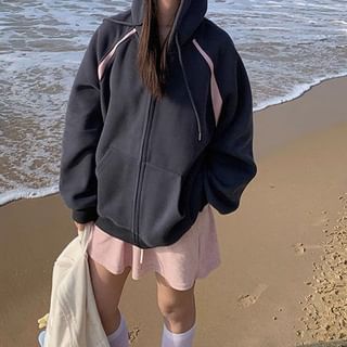 Yako-Two Tone Drawstring Zip-Up Hoodie