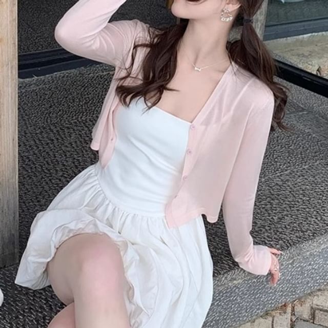 Yako-V-Neck Button-Up Plain Sheer Crop Cardigan