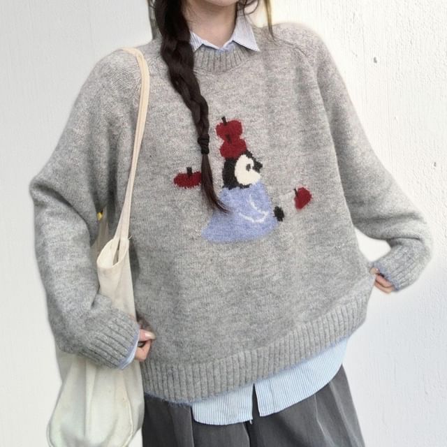Yako-V-Neck Penguin Jacquard Sweater