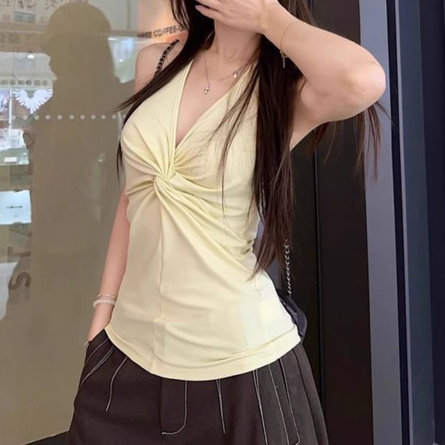 Yako-V-Neck Plain Knot Tank Top