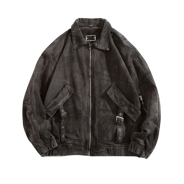 Yelmenor-Collar Buckled Washed Denim Zip Jacket