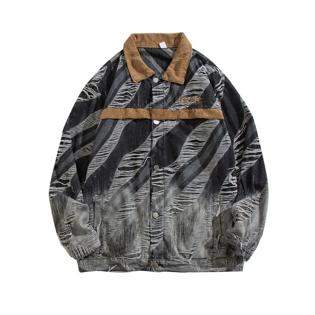 Yelmenor-Collar Corduroy Panel Distressed Denim Button Jacket