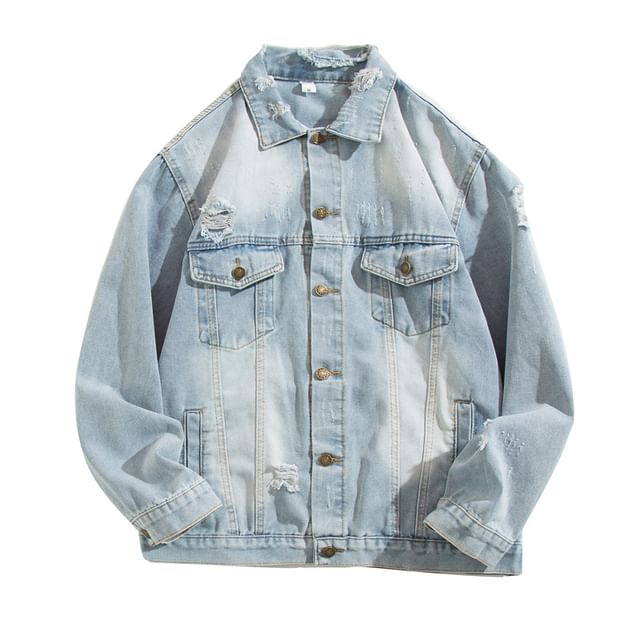 Yelmenor-Collar Distressed Washed Denim Button Jacket