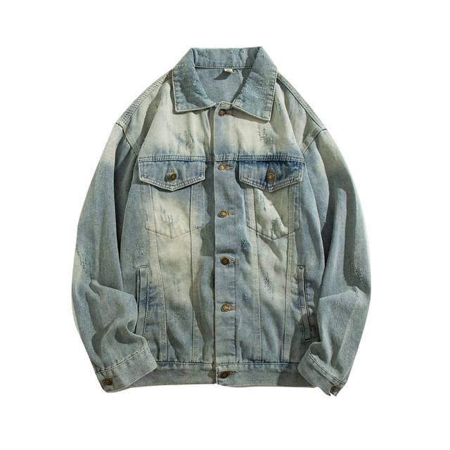 Yelmenor-Collar Distressed Washed Denim Button Jacket