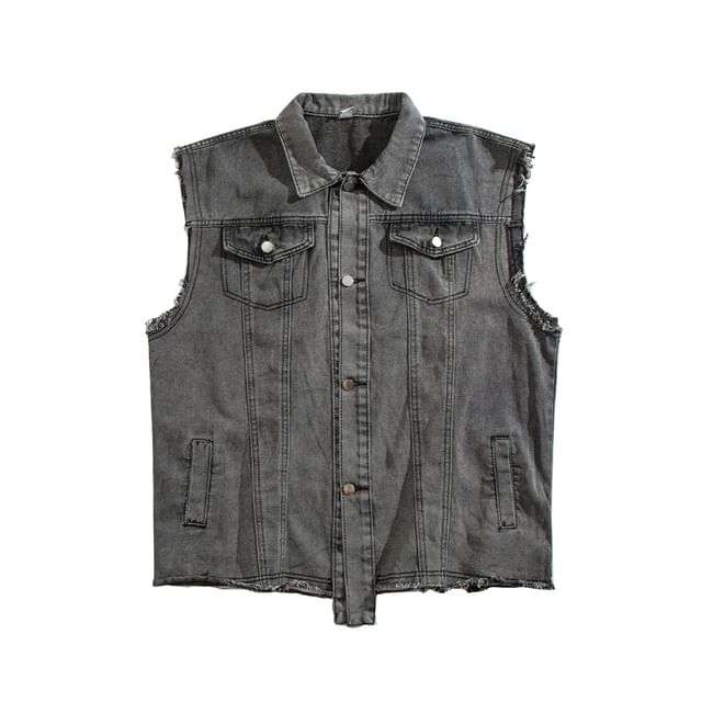 Yelmenor-Collar Frayed Denim Button Vest