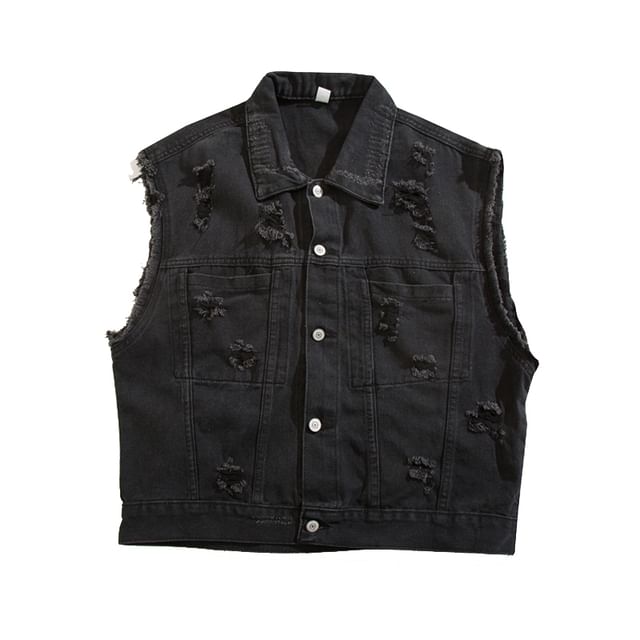 Yelmenor-Collar Frayed Distressed Denim Button Vest