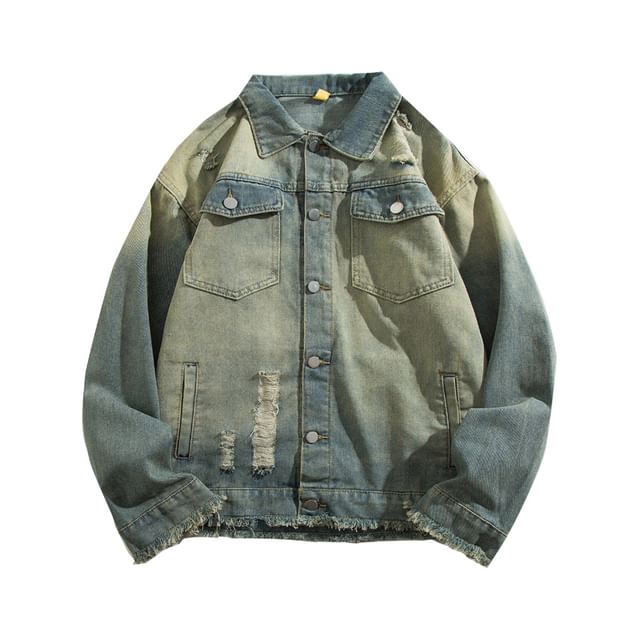 Yelmenor-Collar Frayed Distressed Washed Denim Button Jacket